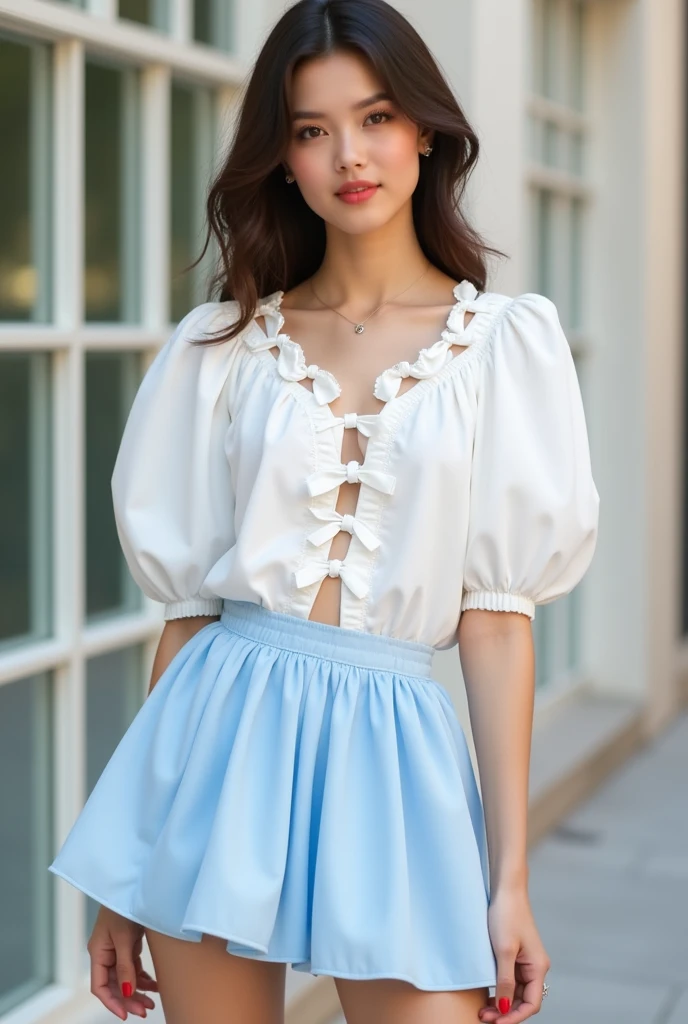 Create a look with a light blue balloon mini skirt and a puff sleeve blouse, completely white with bows in the front( the blouse has an opening from top to bottom with these bows). Modern and current style and leave the blouse loose without it inside the miniskirt and the miniskirt and balloon, remember that