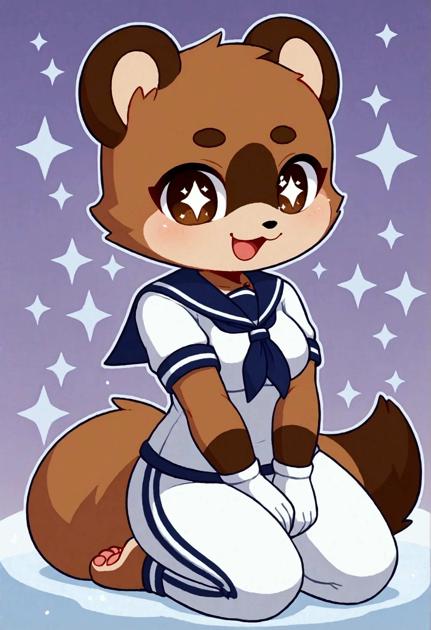girl, tanuki, furry, bodyfur, tail, sailor suit, short sleeves, jersey pants, long pants, white gloves, barefoot, chibi, sparkling eyes, happy, full body, hand between legs, snow, kneeling