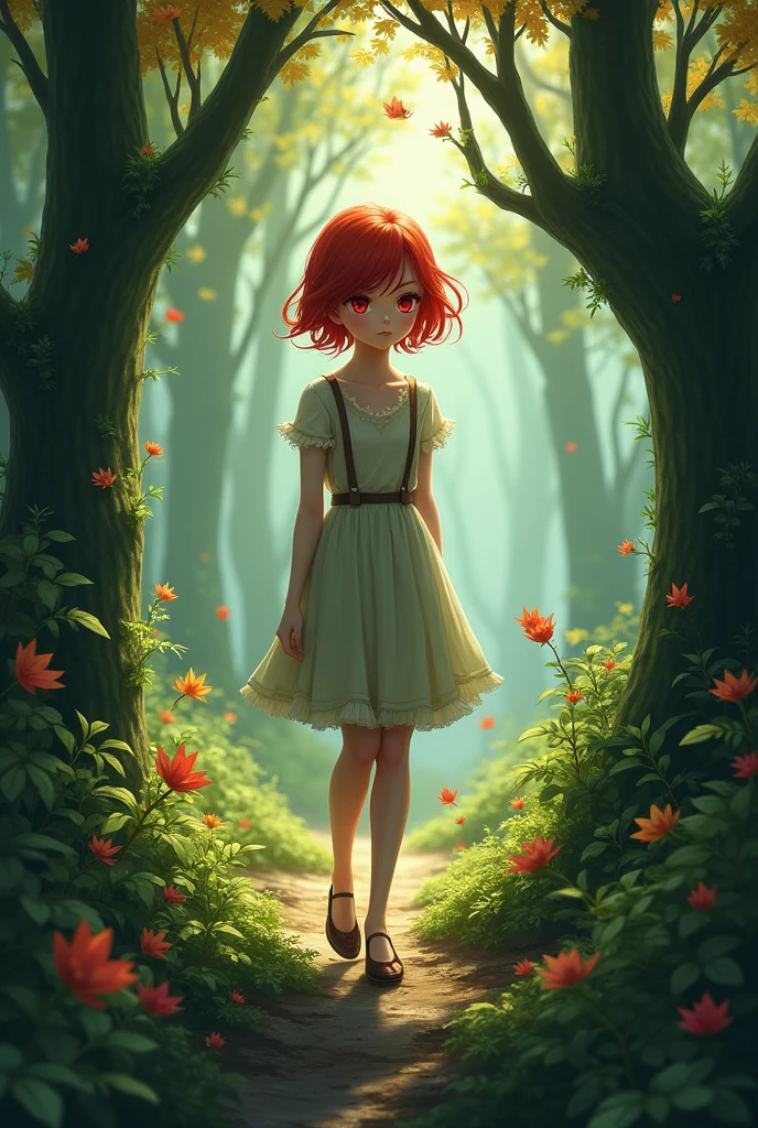 a girl with red eyes and hair. Her hair is short and she is walking through the forest.