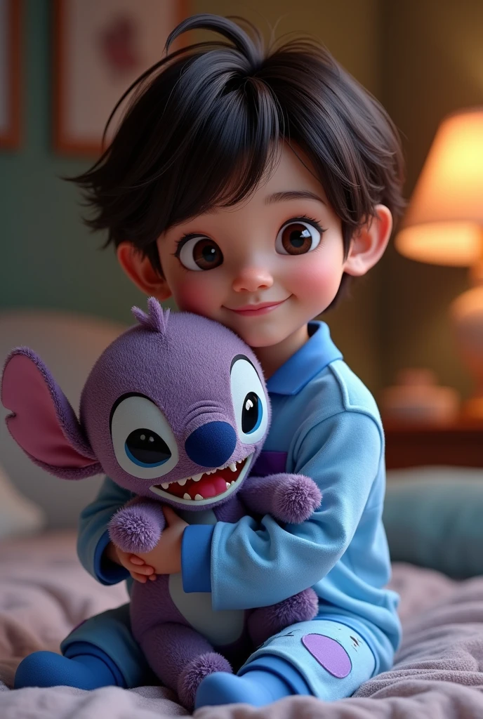  with dark brown hair wearing Stitch pajamas from the movie Lilo and Stitch holding a teddy bear 