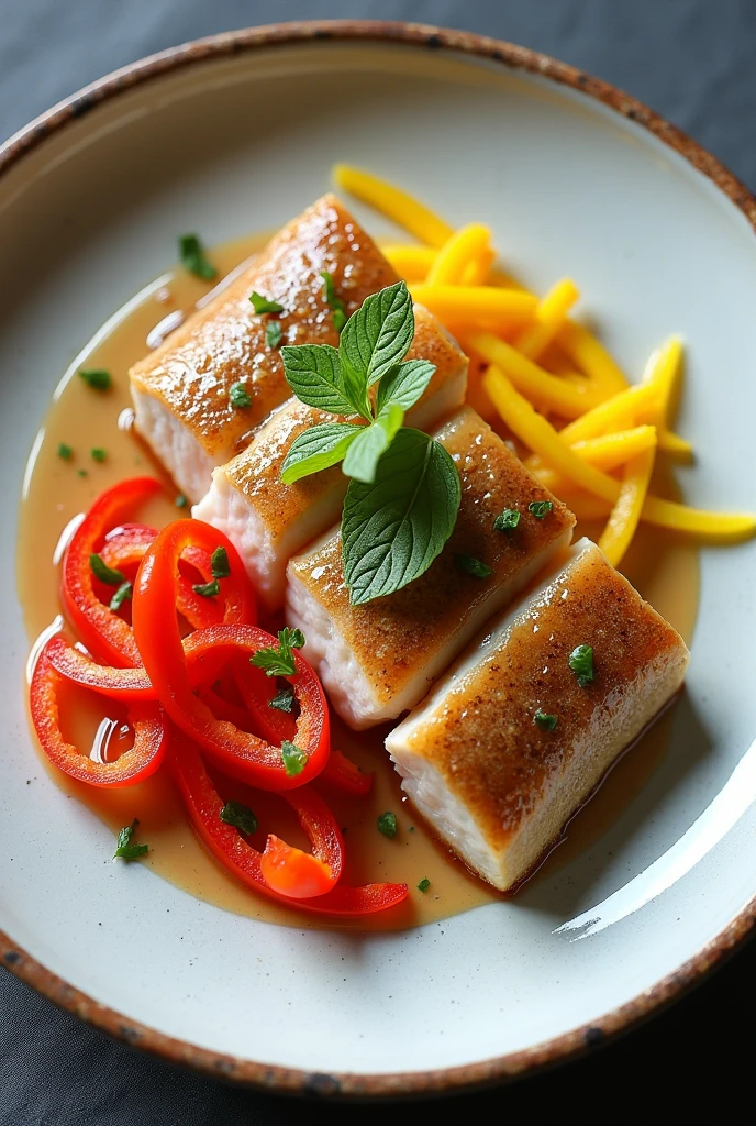 Marinated sea bass slices with peanut dressing, seen from above and with red pepper salad, yellow and gherkin finely chopped into julienne strips, with a gourmet and minimalist plate