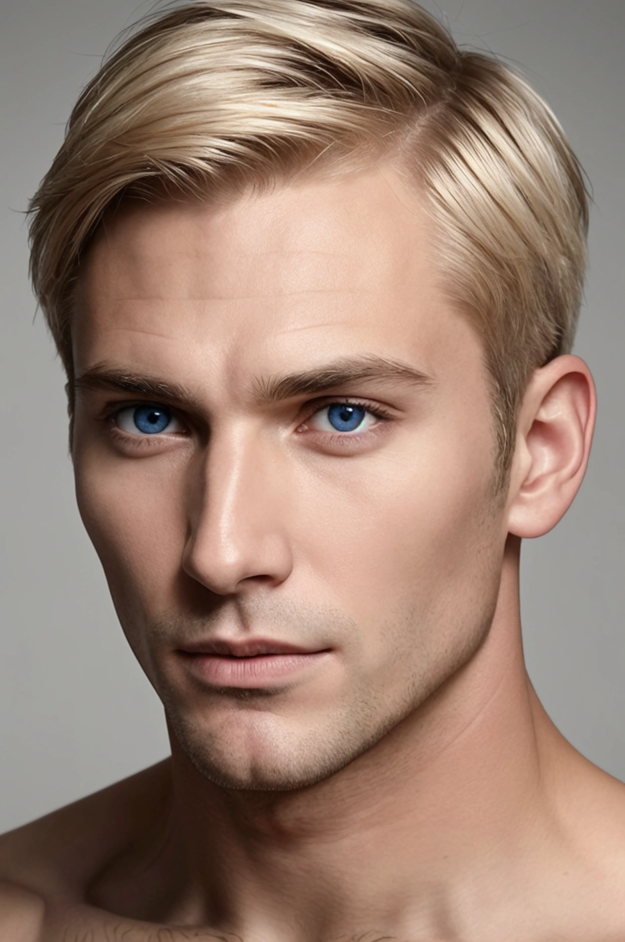 Create a realistic portrait of a man in his early 30s with sharp, defined features. The man should have a strong jawline, high cheekbones, and a slightly pointed chin. His eyes are deep-set and blue, with a thoughtful, intense gaze. His hair is short, blonde, and slightly tousled, with a clean-shaven face. The expression should be calm and confident, with a hint of a subtle smile. The background should be minimalistic, focusing attention on the man's face, with soft lighting to highlight his facial structure.