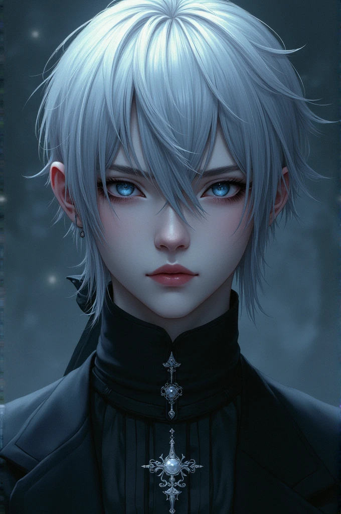 master hour , a silver-haired, silver-eyed vampire boy , extremely beautiful and with a penetrating look , Their volmillos are very sharp 