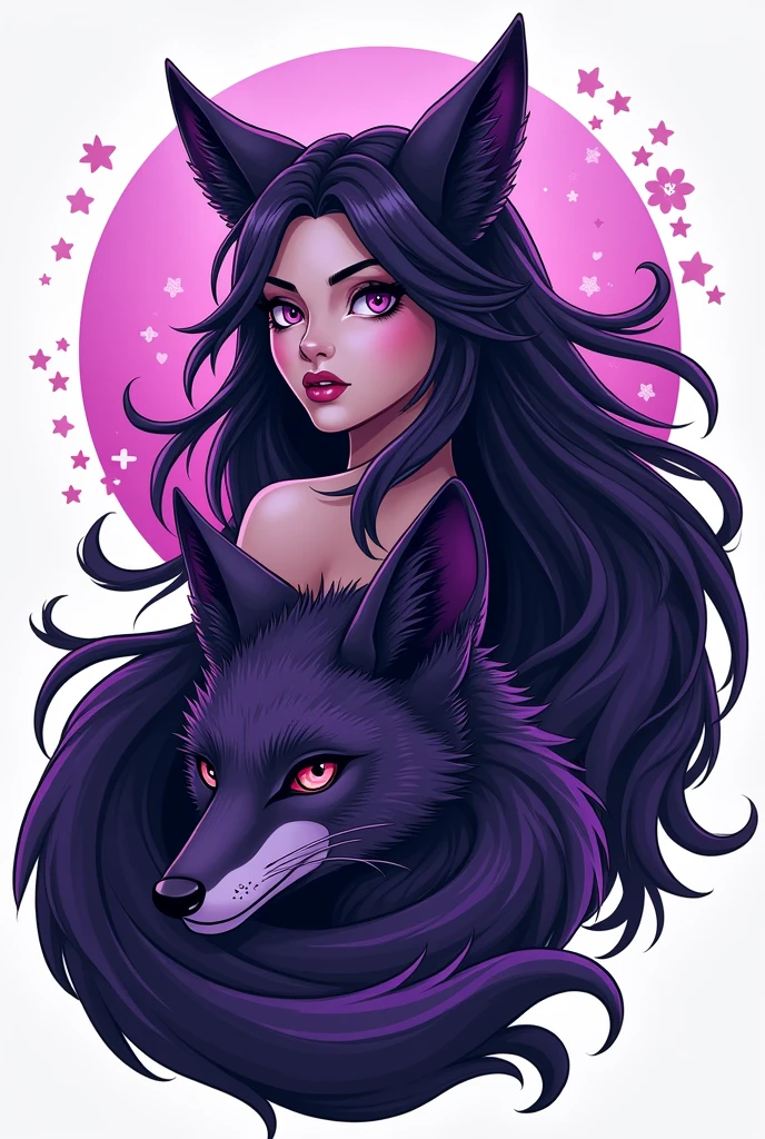 create a logo of a woman with long purple and black hair with a purple and black fox with the phrase only girls