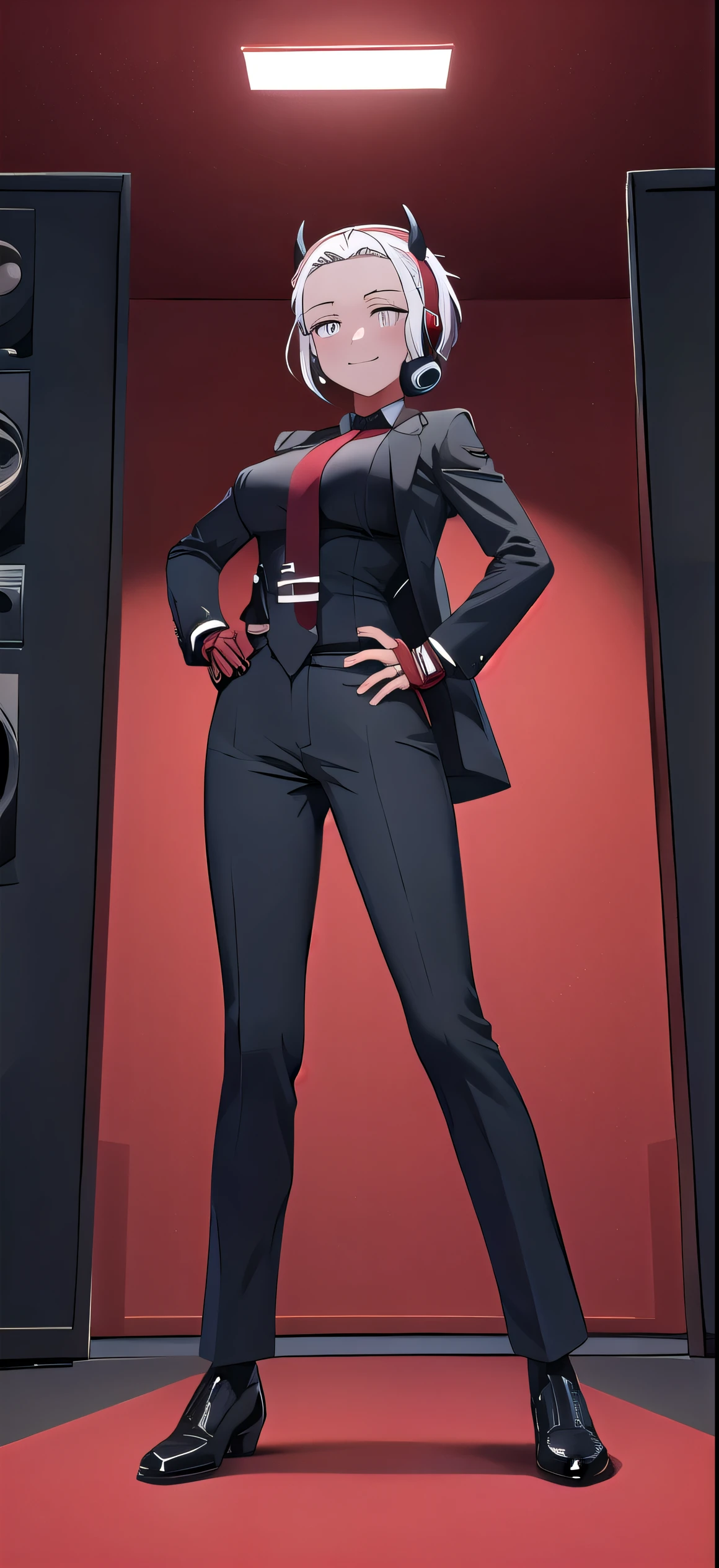 masterpiece,best quality,1girl,mature female,justice,horns,demon girl,demon horns,black horns,short hair,blunt bangs,hairband,hair slicked back,(sunglasses),shirt,red shirt,gloves,red gloves,fingerless gloves,jacket,black jacket,necktie,black necktie,pants,large breasts,grin,confident,hands on hips,indoors,dutch angle, score_9, score_8_up, score_7_up, score_6_up, score_5_up, score_4_up, (source_anime), 1girl, smile,  huge breasts, sunset, looking at viewer, blush, short hair, large breasts, 1girl, (masterpiece, best quality, very aesthetic, ultra detailed, ultra-detailed, 4k), score_9, score_8_up, score_7_up, score_6_up, score_5_up, score_4_up, (1girl), (masterpiece, best quality, ultra-detailed), Speaker Woman, humanoid female with a large red speaker for a head, sleek black pinstripe suit, fitted jacket with a tie, long sleeves, form-fitting pants, confident and assertive pose, black gloves, glowing red, vibrant red background, simple lighting, dynamic composition, smooth shading, clean lines, clear focus, full-body view, robot_head_speaker, real human body, robot_head_speaker_woman, Black full body suit elegant with stripes with, Red shirt underneath, robot_head_speaker, red shirt, big headphones, Nyantcha style, GLaDOSSDXL, Glados, mechanical parts, humanoid robot, Short hair, 