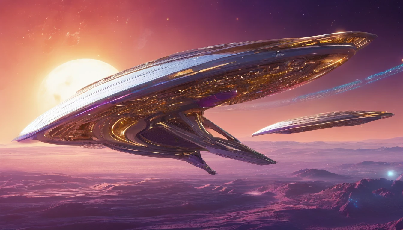Solarpunk exploration starship. Close-up of starship. A version of the Enterprise, most definitely advanced technology starship, with silver reflective-diamond nacelles and intricate gold craftsmanship details flies through deep space, orbiting an unknown mysterious planet. Highly reflective surfaces. Warm sunlight with cooler blue and purple hues in the shadows