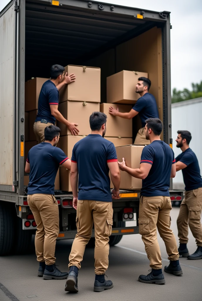 several men in uniform, dark blue V-neck shirt with red detail on the sleeve hem , Khaki cargo pants , unloading a truck full of merchandise