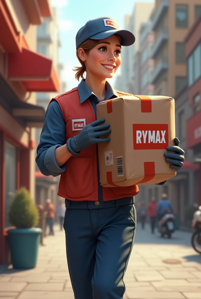 Réalise un livreur portant le Logo de la marque RYMAX et ayant un packaging de cette même marque pour livrer
