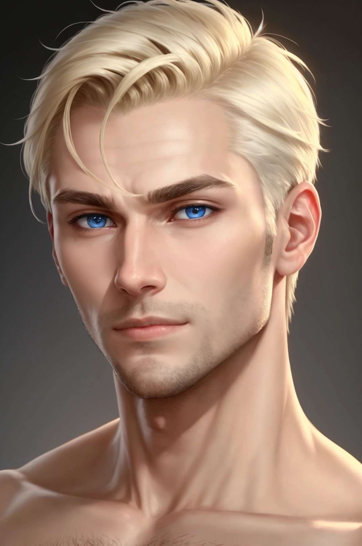 Create a realistic portrait of a man in his early 30s with sharp, defined features. The man should have a strong jawline, high cheekbones, and a slightly pointed chin. His eyes are deep-set and blue, with a thoughtful, intense gaze. His hair is short, blonde, and slightly tousled, with a clean-shaven face. The expression should be calm and confident, with a hint of a subtle smile. The background should be minimalistic, focusing attention on the man's face, with soft lighting to highlight his facial structure.