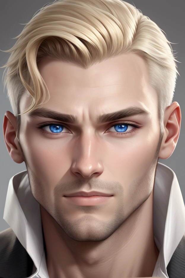 Create a realistic portrait of a man in his early 30s with sharp, defined features. The man should have a strong jawline, high cheekbones, and a slightly pointed chin. His eyes are deep-set and blue, with a thoughtful, intense gaze. His hair is short, blonde, and slightly tousled, with a clean-shaven face. The expression should be calm and confident, with a hint of a subtle smile. The background should be minimalistic, focusing attention on the man's face, with soft lighting to highlight his facial structure.