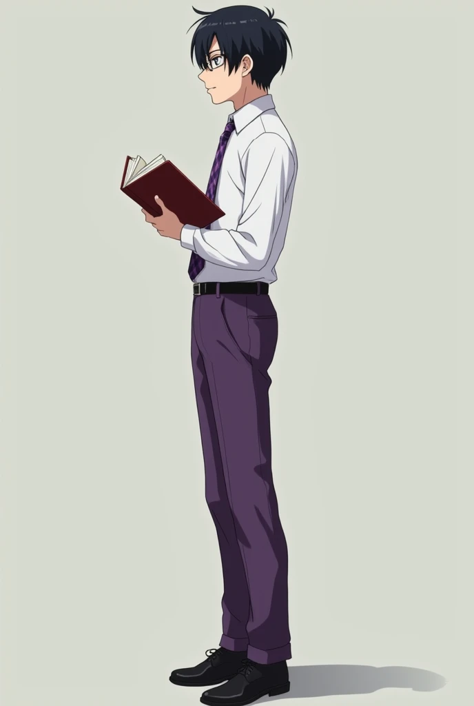 Un lycéen d'anime aux cheveux noirs et un tout petit peu longs, vêtu d'une chemise blanche, d'une cravate violette à carreaux et d'un pantalon violet aussi. Il est de taille moyenne. Il a de larges épaules, un large dos, et les yeux très noirs. Il lit un livre, il se tient droit, il est de profil. Il porte des chaussures de ville noires. Il a des lunettes et un visage très froid, très inexpressif.