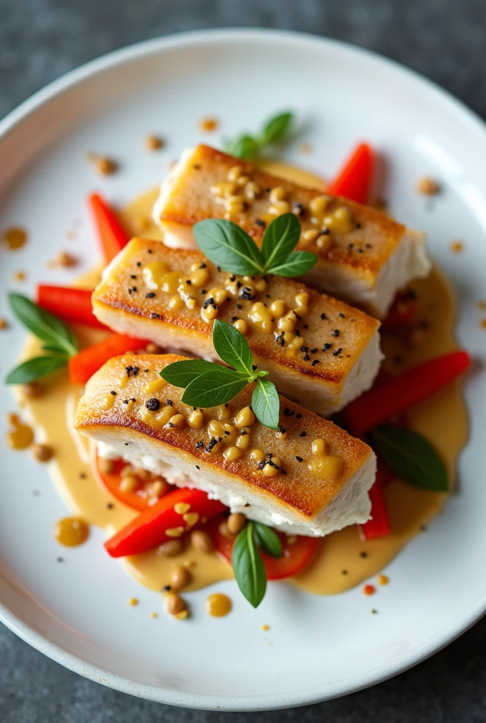 Marinated sea bass slices with peanut dressing, seen from above and with red pepper salad, yellow and gherkin finely chopped into julienne strips, with a gourmet and minimalist plate
