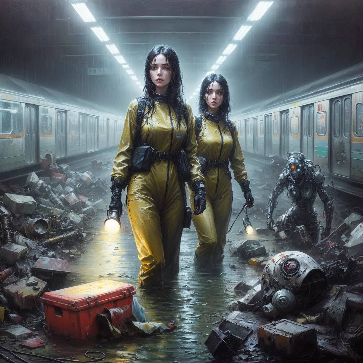 There are two women in yellow suits, who go through the subway., Sci-Fi-Horror-Artwork, Sci-Fi-Horror-Kunst, stefan koidl inspired, stefan koidl, cyberpunk horror style, # dystopian art, beautiful science fiction twins, Advanced digital cyberpunk art, 8 0's style tomasz alen kopera, stylized urban fantasy artwork