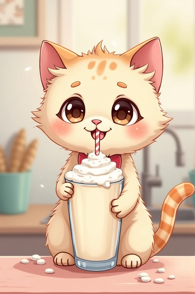 A cute cat drinking a milkshake