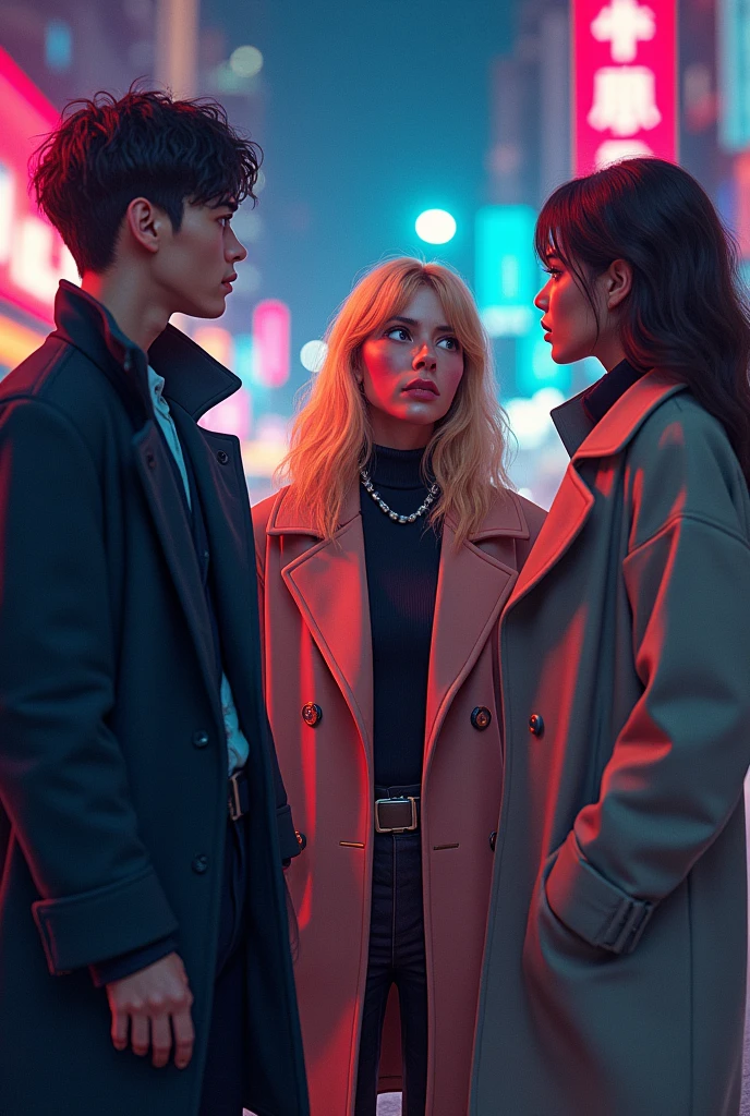 A 20 year old man with black hair a 34 year old blonde woman and a 3 brunette woman both are detectives and wear coats and are on the web tiktok