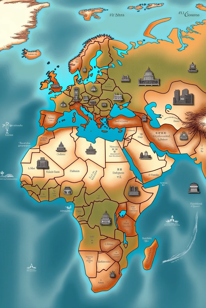 a map of the world with buildings and government entities highlighted