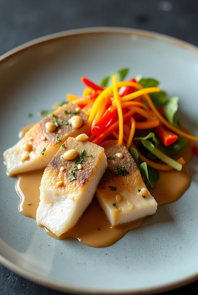 Marinated sea bass slices with peanut dressing, seen from above and with red pepper salad, yellow and gherkin finely chopped into julienne strips, with a gourmet and minimalist plate