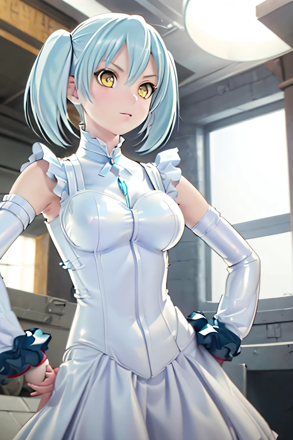 Perfect Anatomy　Highest quality,Highest Resolution,(((White latex dress　Light blue hair)))　[blurry]　16K　Removable sleeves　Sleeveless dress　Yellow Eyes　Advance Wars Tabitha