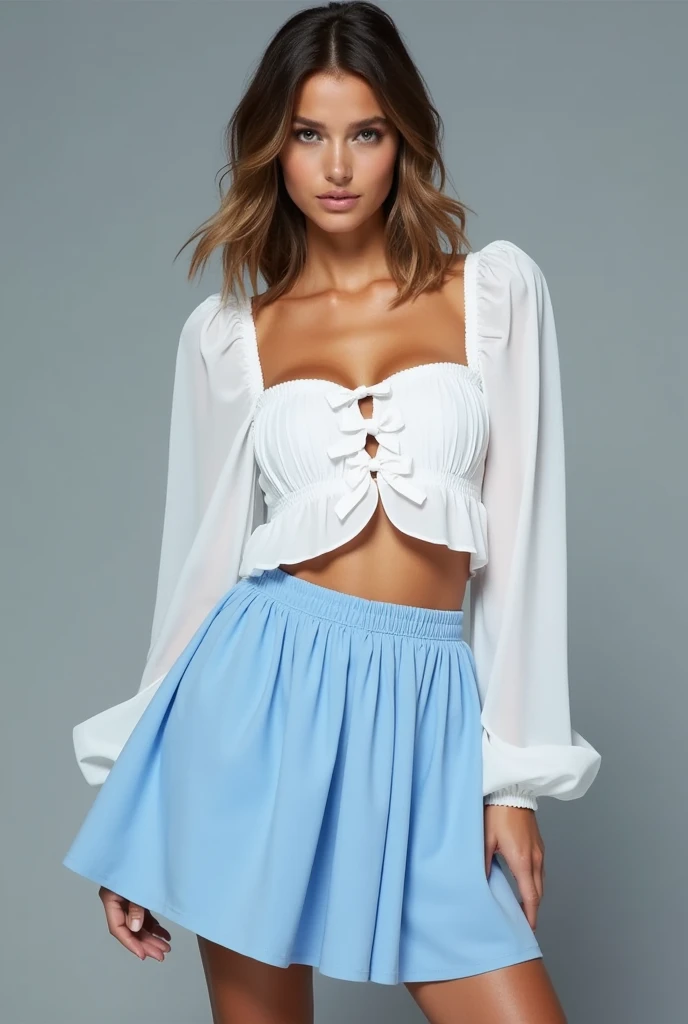 Create a look with a light blue balloon mini skirt and a puff sleeve blouse, completely white with bows in the front( the blouse has an opening from top to bottom with these bows). Modern and current style and leave the blouse loose outside the miniskirt and the miniskirt and balloon remember that