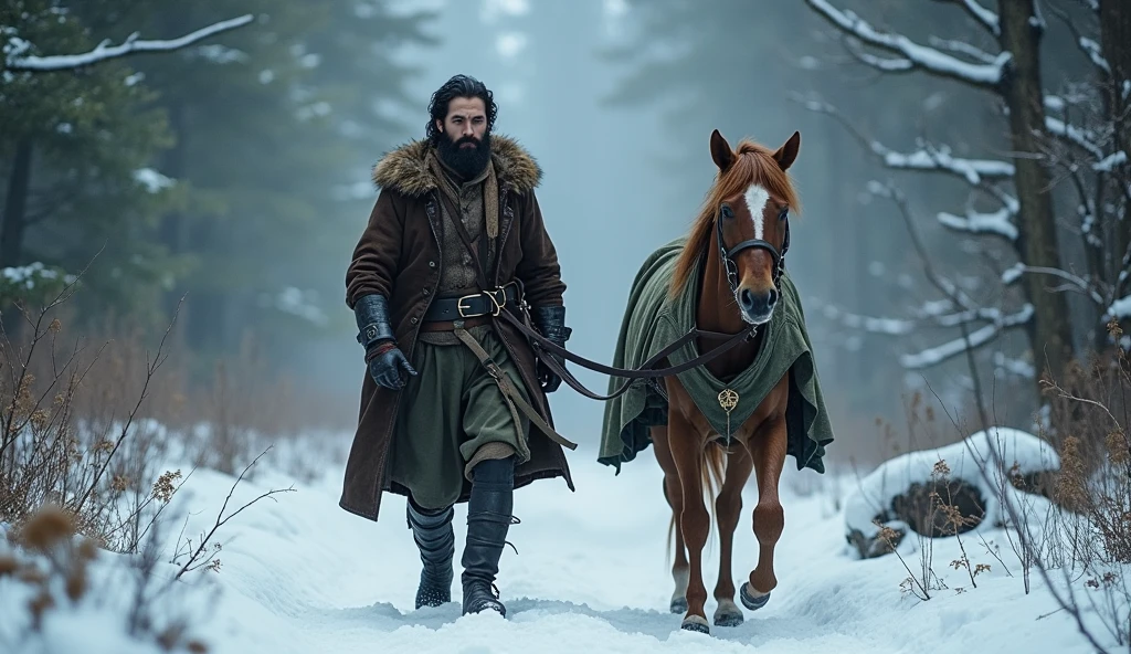 A handsome bearded guy, chjornye volosy,  walks through a dark winter forest, leading a horse in a blanket by the bridle