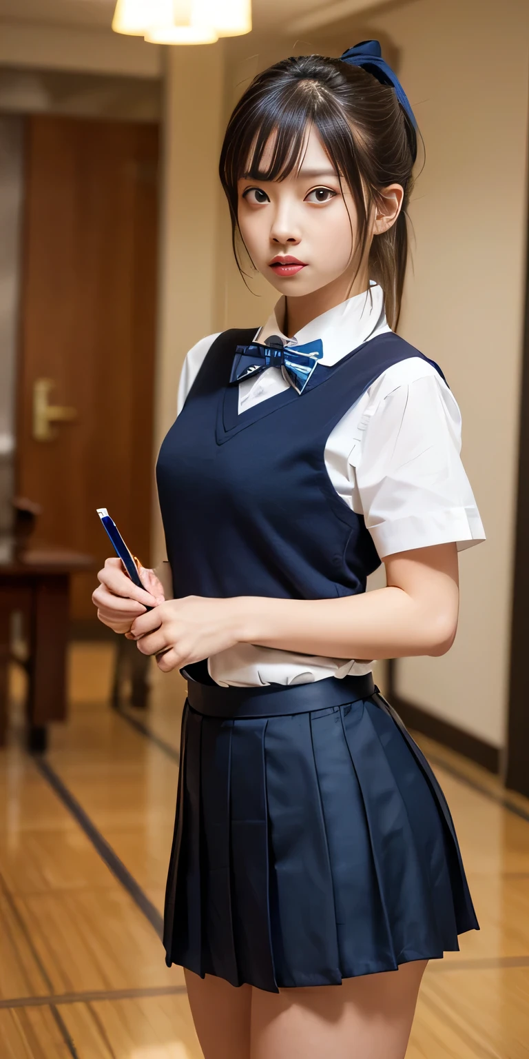 (Tabletop, Highest quality:1.4), Beautiful Face, 8k, 85mm, Absurd, from the front、１、1、((Very cute high school :1.4))、((hotel lobby:1.4))、(((White short-sleeved shirt for school uniform:1.4)))、 ((Cowboy Shot:1.5))、Delicate, alone、((Dark blue pleated skirt:1.4))、((Navy blue student bow tie:1.4))、((Dark blue socks:1.4))、((Dark blue panties:1.4))、((Ponytail Hair:1.4))、Show Viewer, Upper Body, Film Grain, chromatic aberration, Sharp focus, Face Light, Professional Lighting, Sophisticated, (Troubled expression:1.4), ( background, Bokeh background:1.2), ((Confused expression:1.4))、detailed aspects、