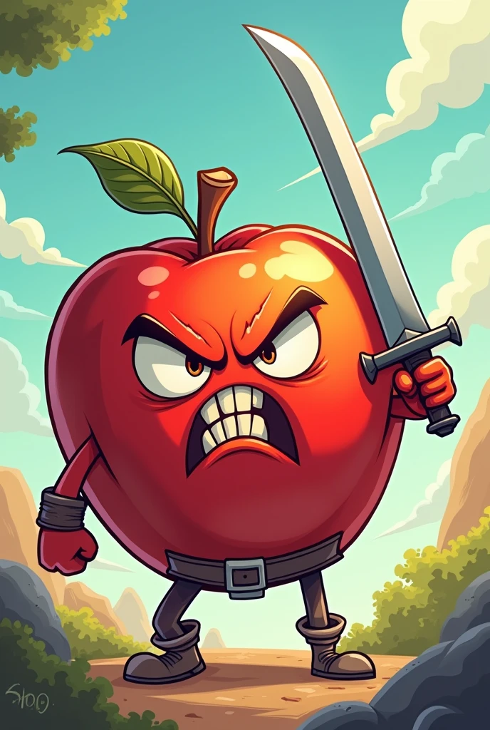 drawing of an angry swordsman apple cartoon