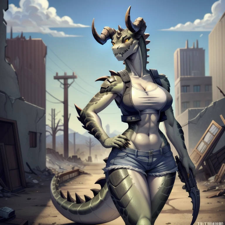 ((Masterpiece 4k)),Solo, score_9,score_8_up,score_7_up, source_anime, aegis, kemono style, aegis, Anthro reptile girl, snout, ((green scaled skin)), (cute female face), yellow eyes, black lips, black ram horns, tail, black lips, tall, Anthro deathclaw from fallout, deathclaw girl, (best quality), bulletproof vest, holding a rusty gun, blue shorts, in a ruined city, 