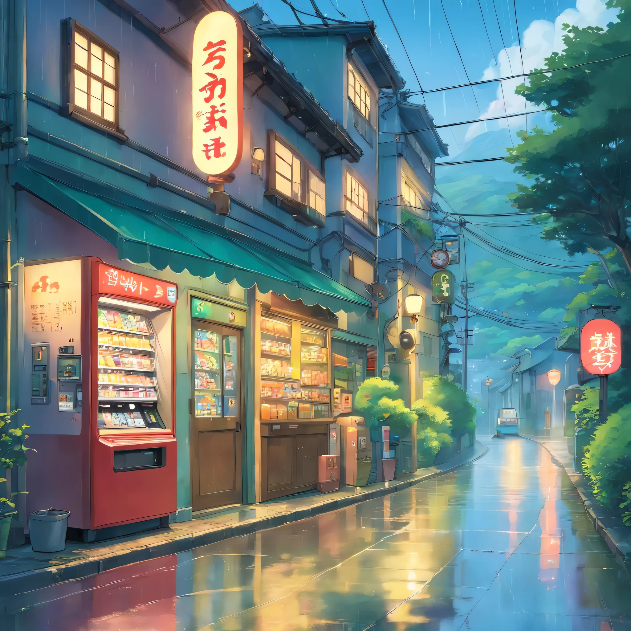 in the rain、high resolution、Cloudy、Photorealistic Stick、Calm down、vending machine、Japan townscape、Electric pole、A little bit of nature、Paved roads、Emotional、Countryside view