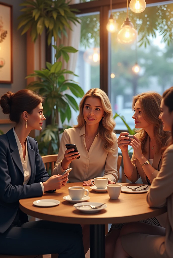 Ladies at coffee meeting with cell phone