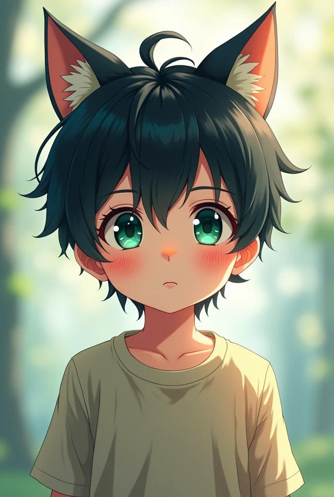 boy, green eyes, black hair, Cat's ears, Cute, аниме стиль boy аниме