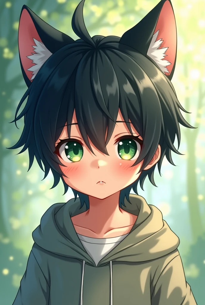 boy,  green eyes, black hair, Cat&#39;s ears, Cute, аниме стиль boy аниме  
