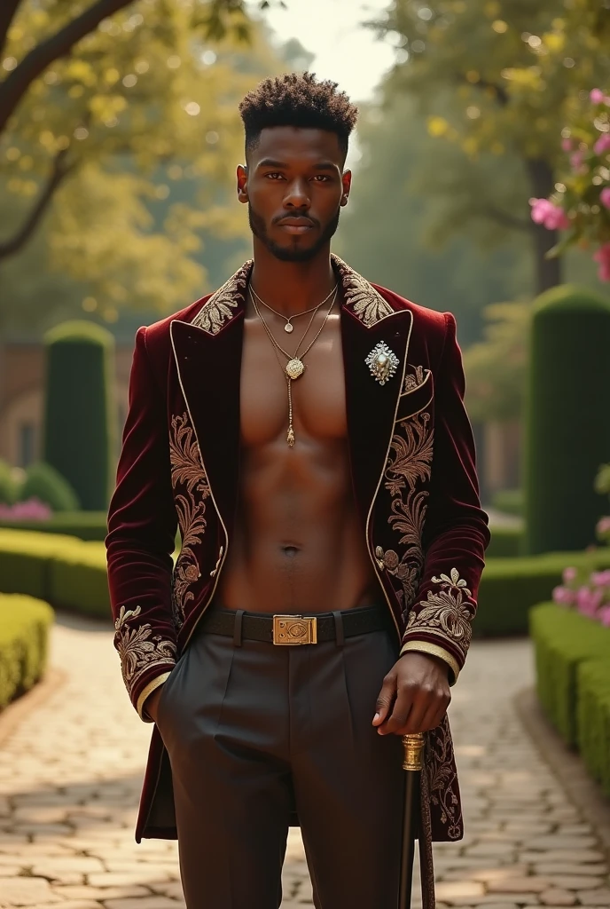 Create an elegant retro vintage fashion scene featuring a male model of African descent, resembling David Gandy. The model has an athletic figure with a striking, masculine physique and a captivating presence. He is dressed as a British prince, wearing a tailored, vintage-inspired royal outfit that includes a finely crafted velvet jacket adorned with intricate embroidery, but he is shirtless beneath the jacket, showcasing his toned physique. The scene is set in a lush royal garden, with manicured hedges and vibrant flower beds creating a picturesque backdrop. The warm sunlight filters through the leaves of ancient trees, casting dappled shadows on the ground and enhancing the regal atmosphere. The model stands confidently on a stone pathway, embodying the grace and poise of royalty. His jacket is elegantly fitted, accentuating his athletic build and the definition of his muscles. The rich colors of the fabric reflect the opulence of royal attire, while the absence of a shirt adds a bold and sensual touch to the ensemble. A decorative brooch glimmers on his lapel, adding a touch of refinement. The model's pose is both regal and relaxed, with one hand resting casually in his pocket and the other gently holding a vintage cane, showcasing his noble demeanor. His gaze is directed towards the camera with a charming and charismatic expression, embodying the classic style and elegance of a British prince. The warm, ambient lighting and slight film grain effect accentuate the retro vintage atmosphere, making the scene feel both timeless and stylish. Filmed on ARRI ALEXA 65, with bokeh and sharp focus on the subject, shot by Don McCullin. The atmosphere should exude a sense of artistic expression with a retro vintage touch, where the model embodies the essence of classic fashion—elegant, refined, and timeless—amidst the enchanting beauty of a royal garden.