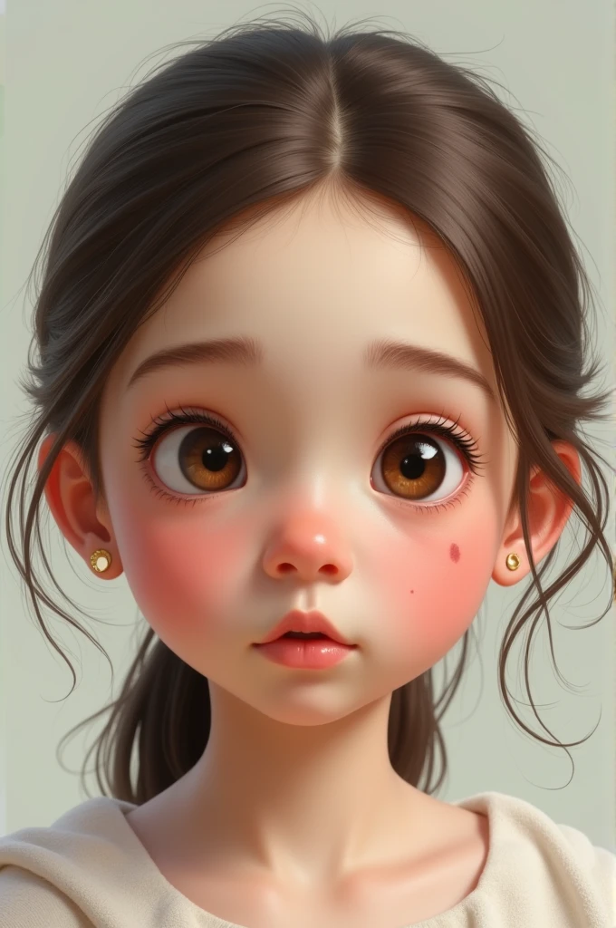Character from my book, Samantha is 1 and has brown eyes., slickedback hair, has three moles on his face, earrings in ear, rounded nose, a not very fleshy mouth, white-skinned.