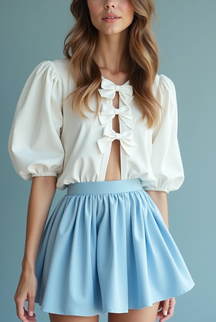 Create a look with a light blue balloon mini skirt and a puff sleeve blouse, completely white with bows in the front( the blouse has an opening from top to bottom with these bows). Modern and current style and leave the blouse loose outside the miniskirt and the miniskirt and balloon remember that