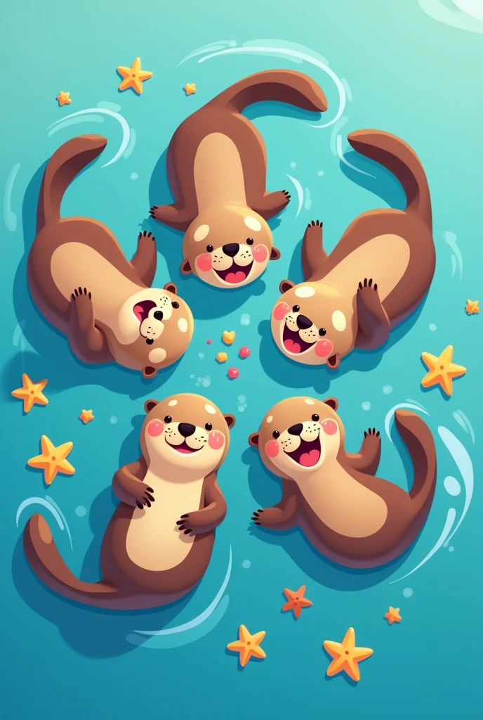 "Top-down view of at least five playful sea otters floating together in a cartoon style, some joyfully exchanging brightly colored sea stars. Each sea star should have a simple design with clean outlines, making them easy to recolor in post-production. The otters display varied, fun expressions and poses, interacting with one another in a lively, whimsical ocean scene. The water is a flat, calming blue, emphasizing the cheerful and playful atmosphere."