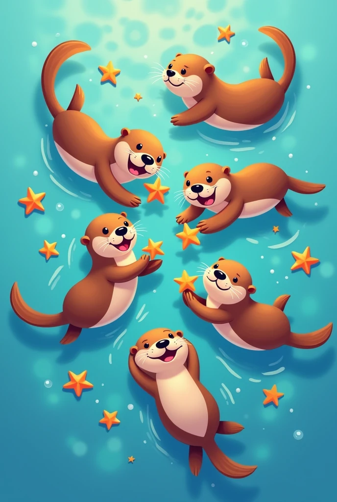 "Top-down view of at least five playful sea otters floating together in a cartoon style, some joyfully exchanging brightly colored sea stars. Each sea star should have a simple design with clean outlines, making them easy to recolor in post-production. The otters display varied, fun expressions and poses, interacting with one another in a lively, whimsical ocean scene. The water is a flat, calming blue, emphasizing the cheerful and playful atmosphere."