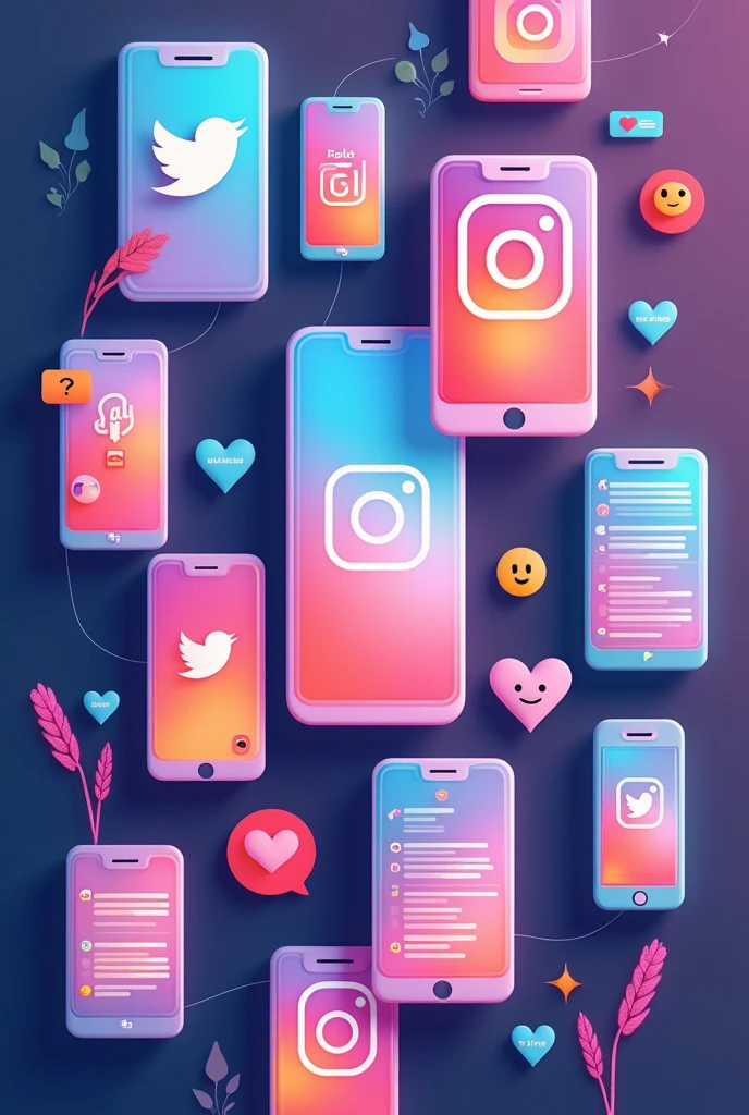 Create an image that shows several screens from different social networks,  and Instagram highlighting key flirting elements like emojis, gifs and direct messages. Use a color palette that combines the colors of the different platforms. Do not include people. 