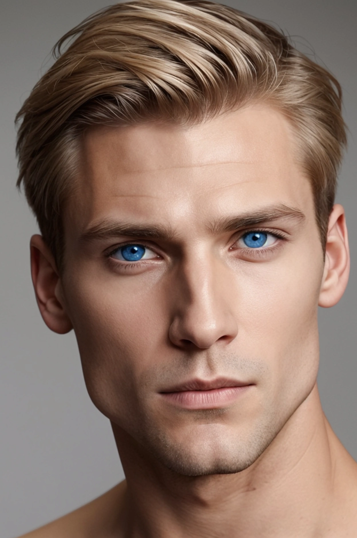 Create a realistic portrait of a man in his early 30s with sharp, defined features. The man should have a strong jawline, high cheekbones, and a slightly pointed chin. His eyes are deep-set and blue, with a thoughtful, intense gaze. His hair is short, blonde, and slightly tousled, with a clean-shaven face. The expression should be calm and confident, with a hint of a subtle smile. The background should be minimalistic, focusing attention on the man's face, with soft lighting to highlight his facial structure.