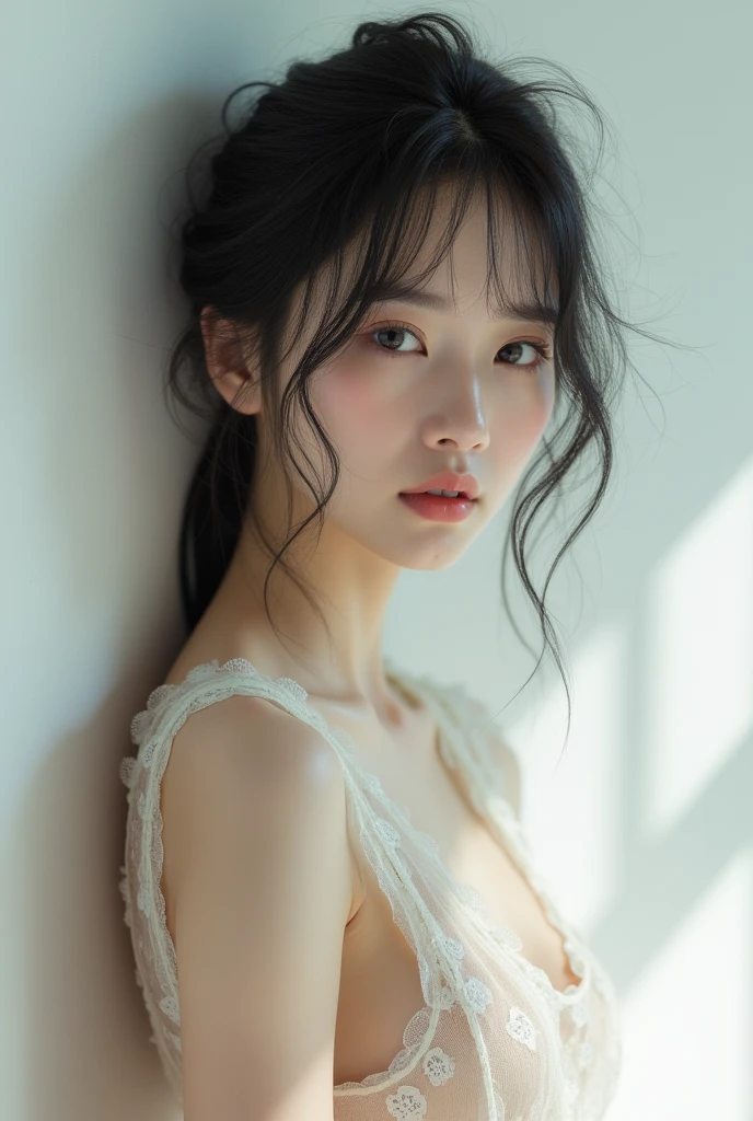 A Korean woman wears a white dress so thin that her breasts are visible.