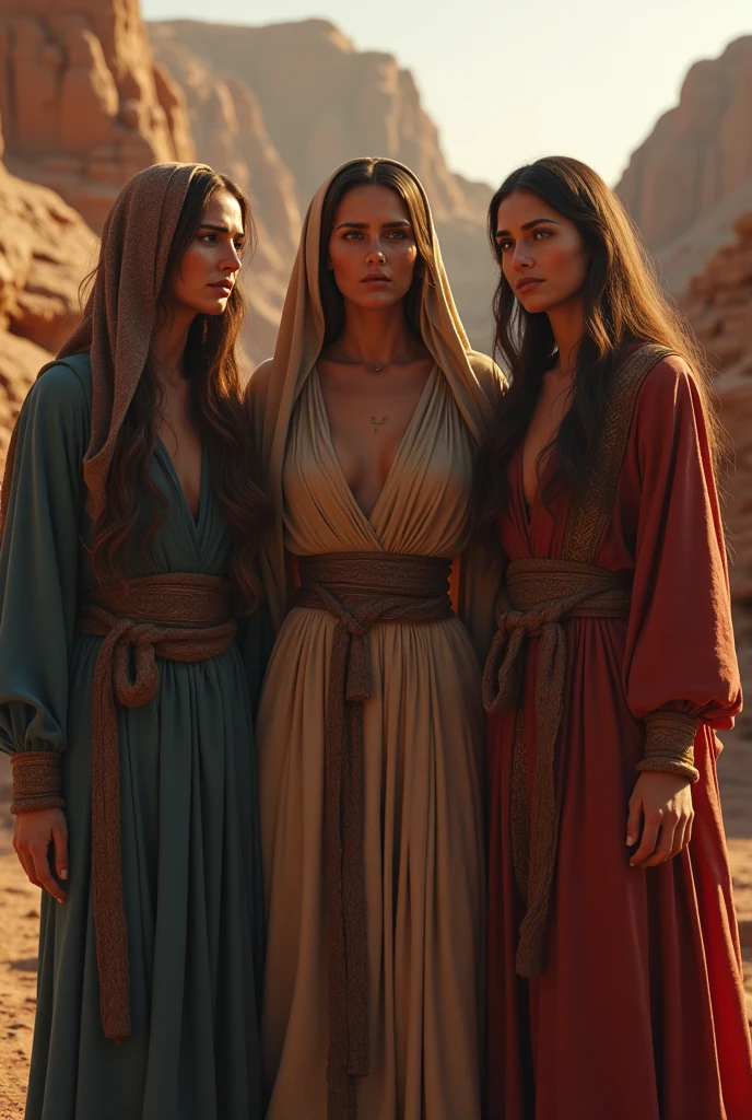 General realistic images of Three women crying for the death of their husbands. With enough robes in the city of Moab that are based on the story of Ruth, all the characters must be good looking. All in the same image