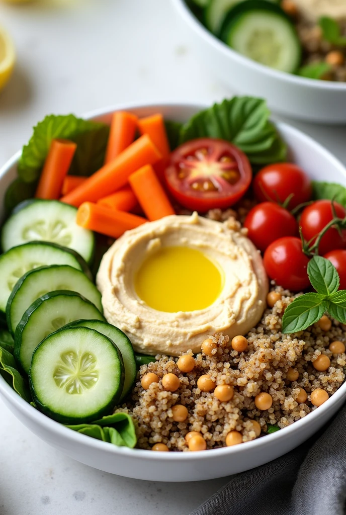 Create an image of this recipe: Quinoa Bowl with Hummus and Vegetables Ingredients:

- Quinoa: 100 g - Cucumber: 100 g - Carrot: 100 g
- Tomate cherry: 100 g
- Hummus: 50 g - Olive oil: 10 ml - Lemon: 1 unit - Salt: 5 g - Pepper: 2 g Preparation:

1. Cook the quinoa in salted water for 15 minutes.. Drain and let cool..

2. Cut the cucumber and carrot into strips, and the cherry tomatoes in half.

3. In a large bowl, place quinoa as a base.

4. Add the vegetables around, and place a portion of hummus in the center.

5. Drizzle with olive oil, lemon juice, salt and pepper.

6. Mix well before eating., and serve cold or at room temperature.
