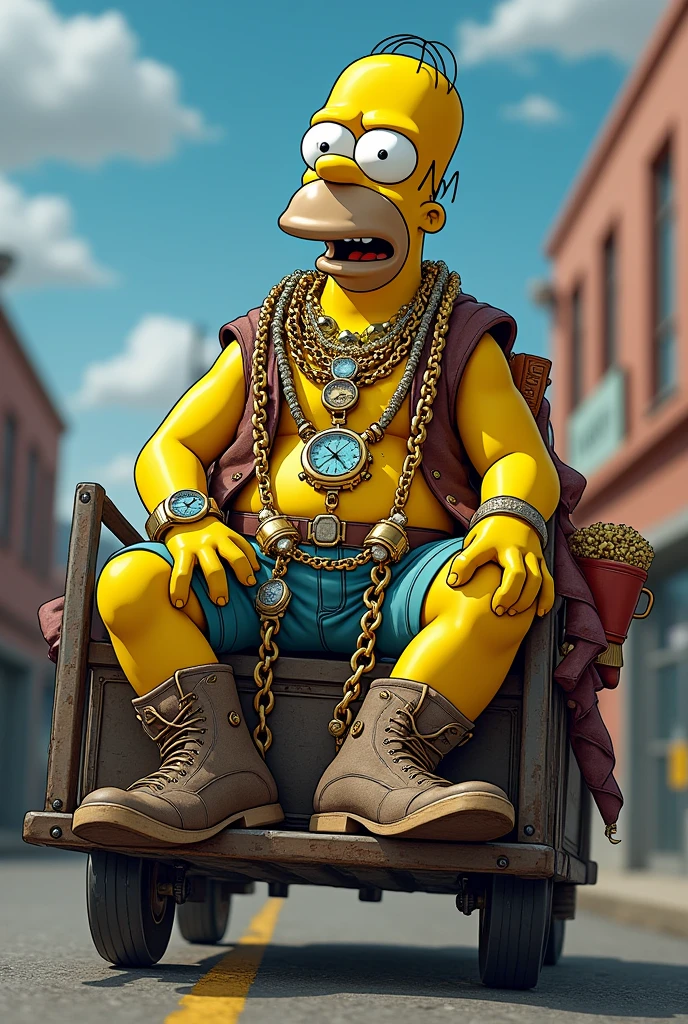 You can make a Homer Simpson with chains, watches and luxuries, with haggard eyes and on a cart 