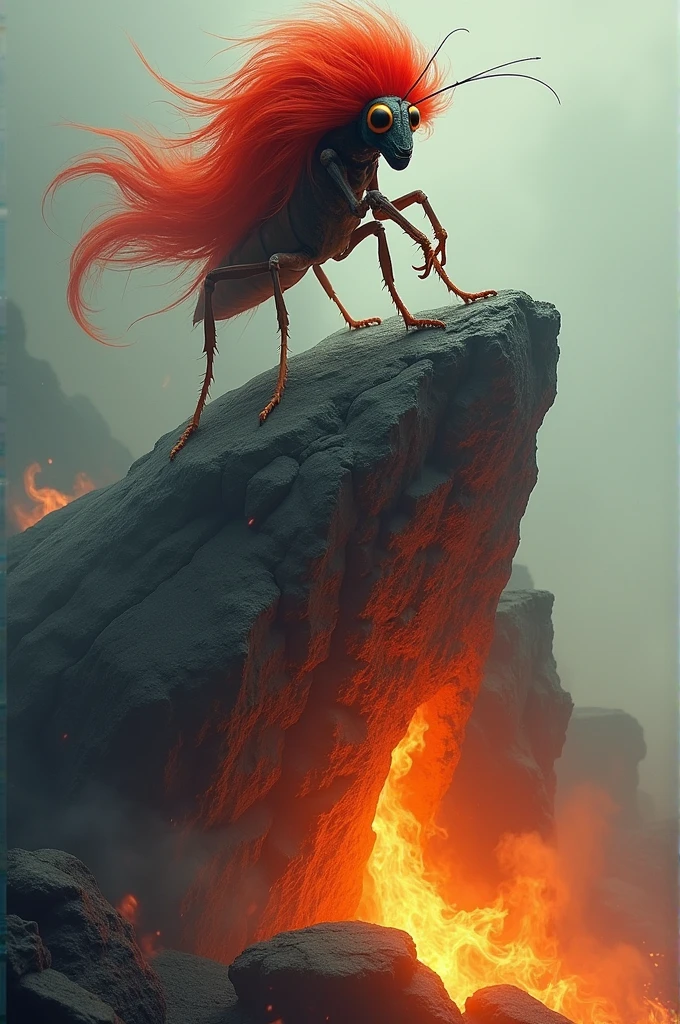 ((best quality)), ((masterpiece)), (detailed), Create an image of a towering rocky mountain with a flat top. On top of the rock, put a humanoid cricket with a clearly cricket-like face, with long antennae and large compound eyes, maintaining its insect-visual characteristics. Despite having a body that suggests human traits, the face should clearly reflect the appearance of a cricket. The cricket is wearing a voluminous red wig that flutters dramatically in the wind.. He is posing confidently, as a professional model. Below the rock, include an intense fire with bright, vibrant flames that create a dramatic contrast with the rocky surroundings. The image must combine elements of fantasy and glamour with an atmosphere of tension and surreal beauty..
