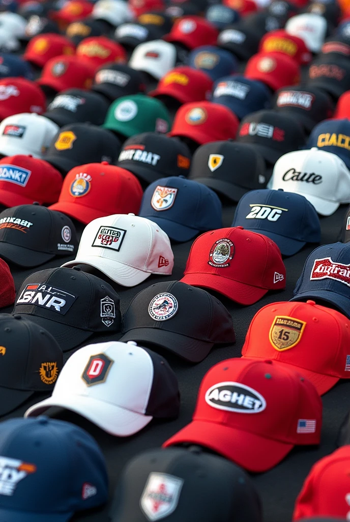 Images of caps of different brands and designs in rows