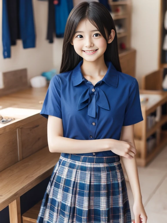 girl、baby face、smile、blue shirt、skirt