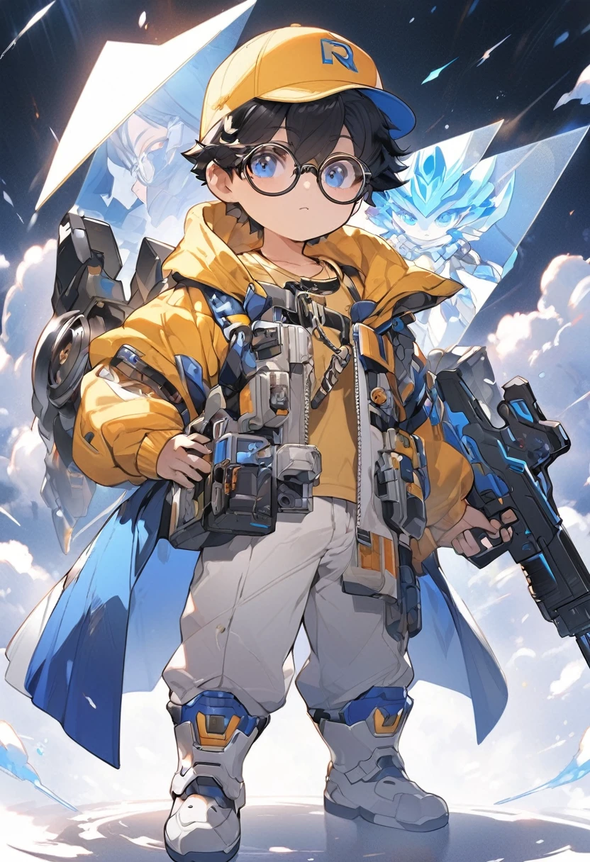 Anime art(1.2), character face anime arymt 0.71),  High quality, 1boy, modern mechanical armor degine, cute,  baseball cap, no glove, glasses, anime eye 1.5, black hair, hand gun, chibi, , white overall, blue cape, hansom boy, solo, whitelongboots, big head, (both shoulder armor, yellow shirts, front fullbody, modern degin, head 0.6, lookat strong, solo, boy rendering)background frism hologram