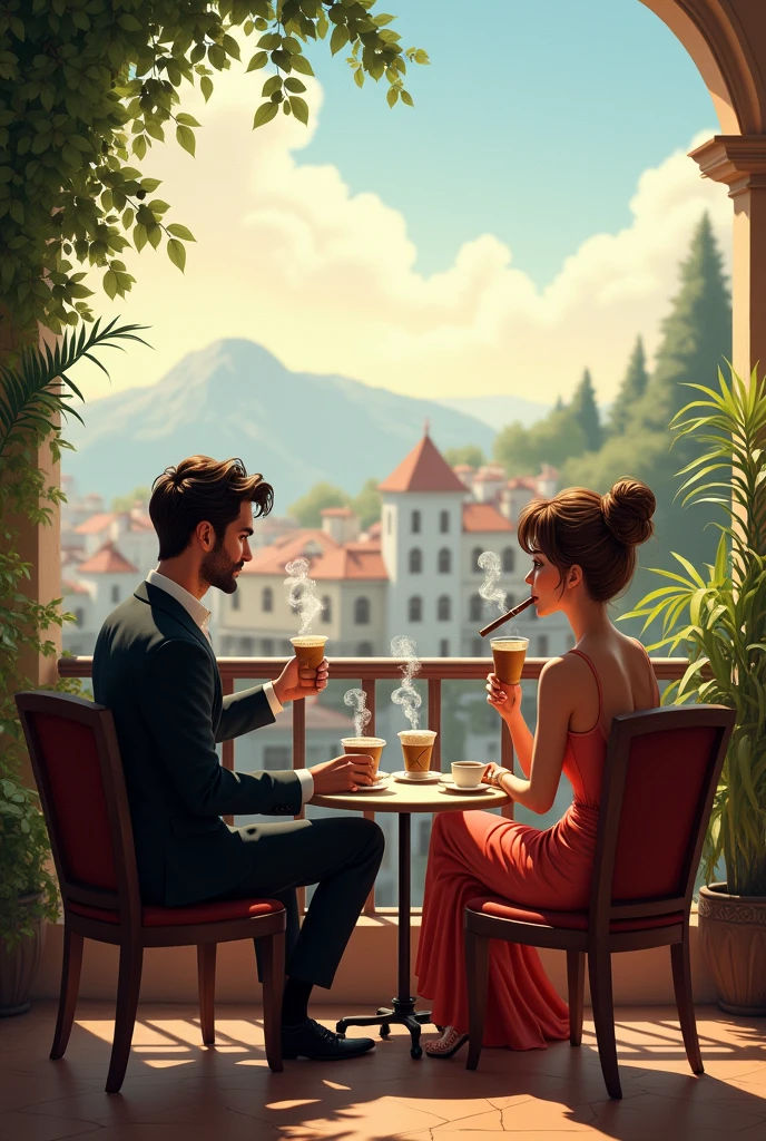 Man and woman sits with legs rest on chair on balcony, drinking coffee and smoke cigars