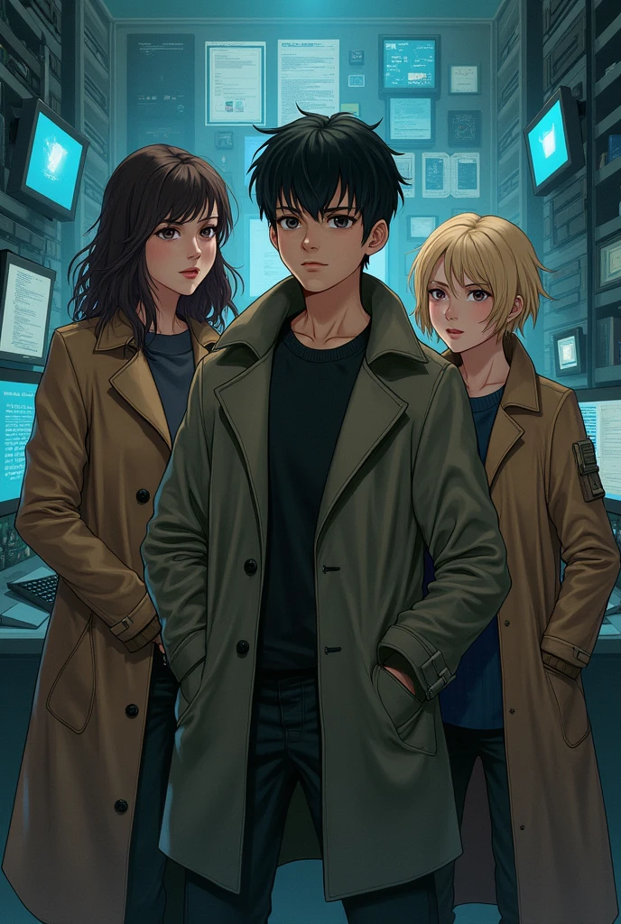 A 20 year old man with short black hair a 34 year old blonde woman and a 3 fat brunette woman they are detectives and wear coats and are on the web