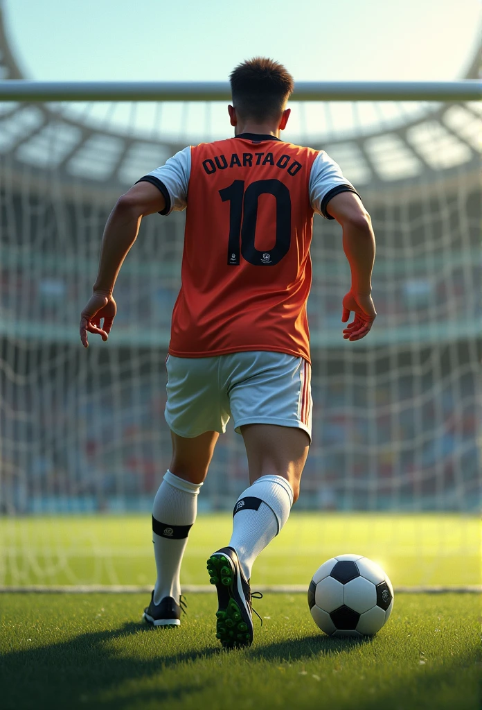 Man dressed as a soccer player, View from behind, soccer ball, In front of the soccer goal, Acting with full force