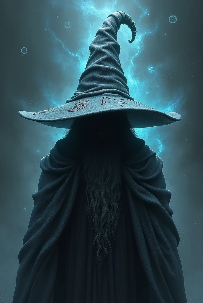 insert a drawing of a wizard's hat, in dark gray color on the character's head above